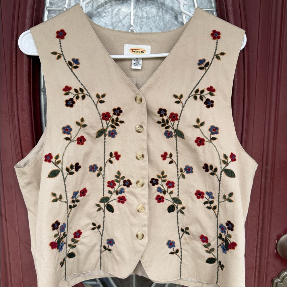Talbots Beige Embroidered Floral Button-Front Vest